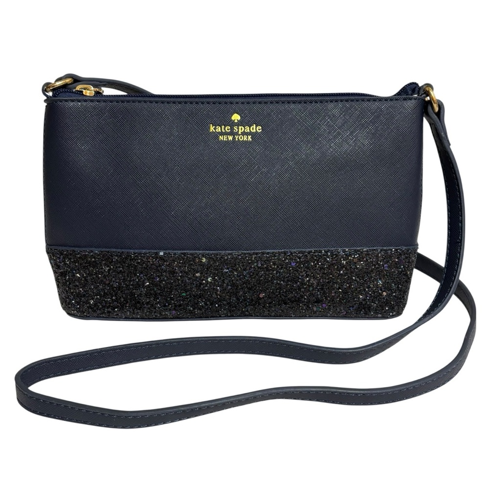 Kate Spade Greta Court Ramey navy blue leather glitter zip top crossbody